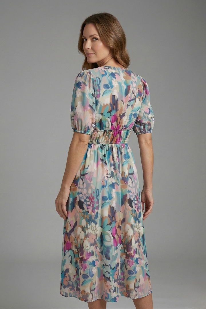Women’s Midi Dress with V-Neck and Short Sleeves