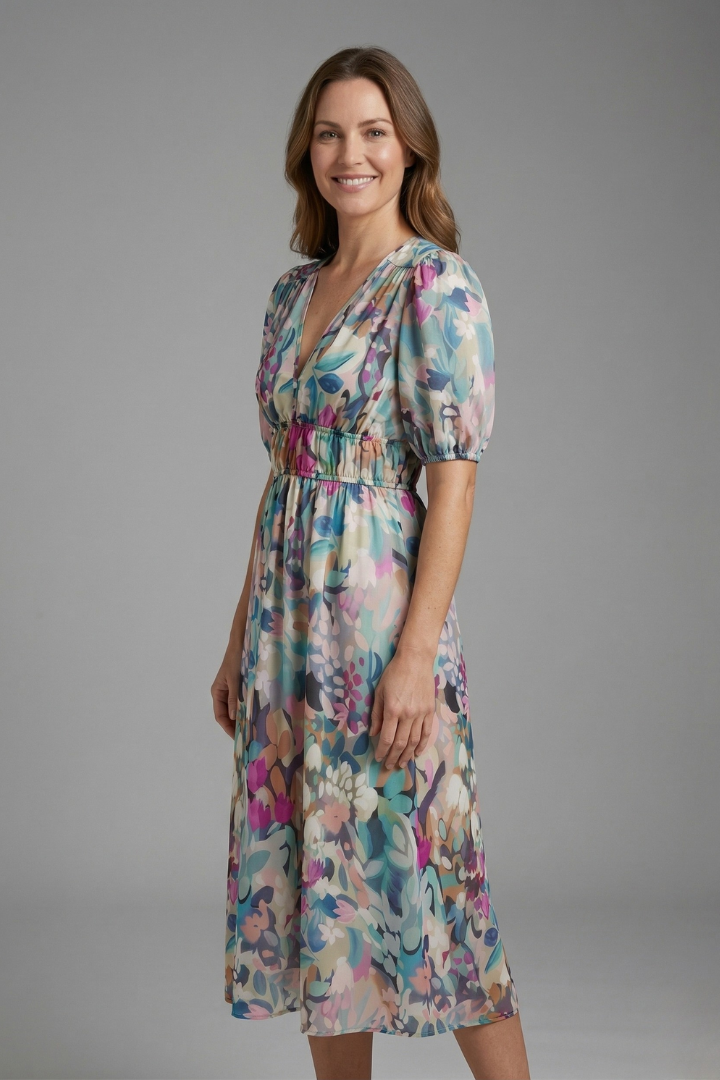 Women’s Midi Dress with V-Neck and Short Sleeves
