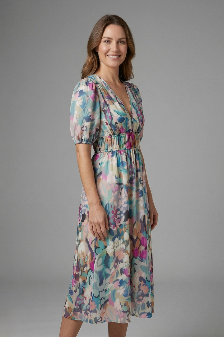 Women’s Midi Dress with V-Neck and Short Sleeves