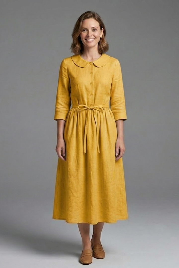 Women’s Midi Dress with V-Neck and Waist Tie