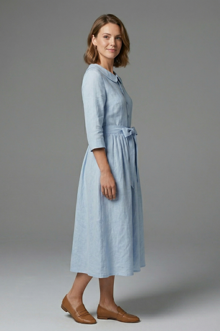 Women’s Midi Dress with V-Neck and Waist Tie