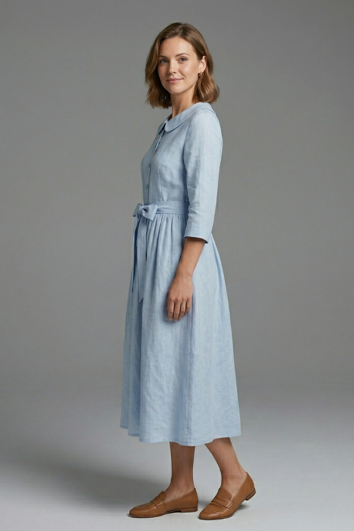 Women’s Midi Dress with V-Neck and Waist Tie
