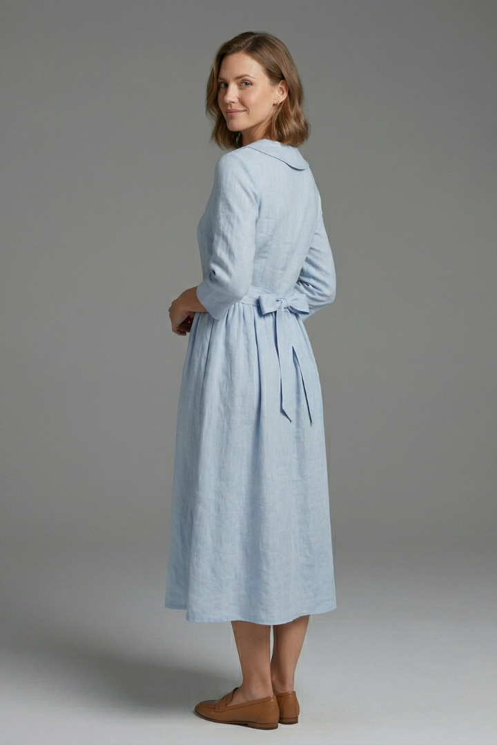 Women’s Midi Dress with V-Neck and Waist Tie