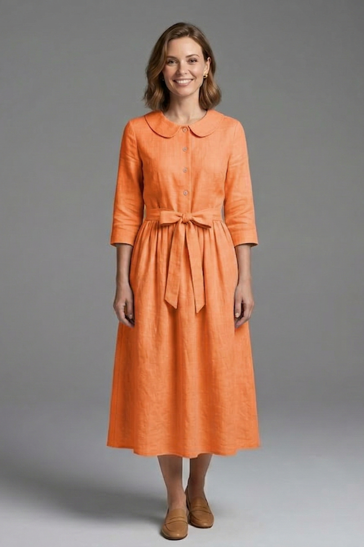 Women’s Midi Dress with V-Neck and Waist Tie