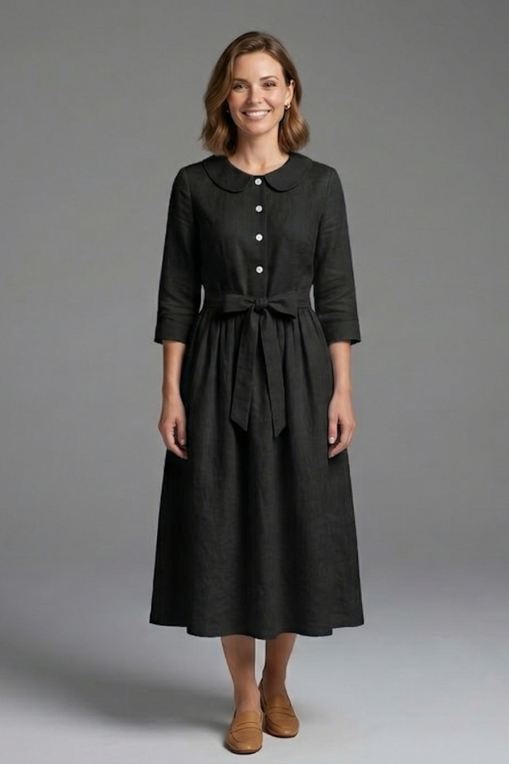 Women’s Midi Dress with V-Neck and Waist Tie