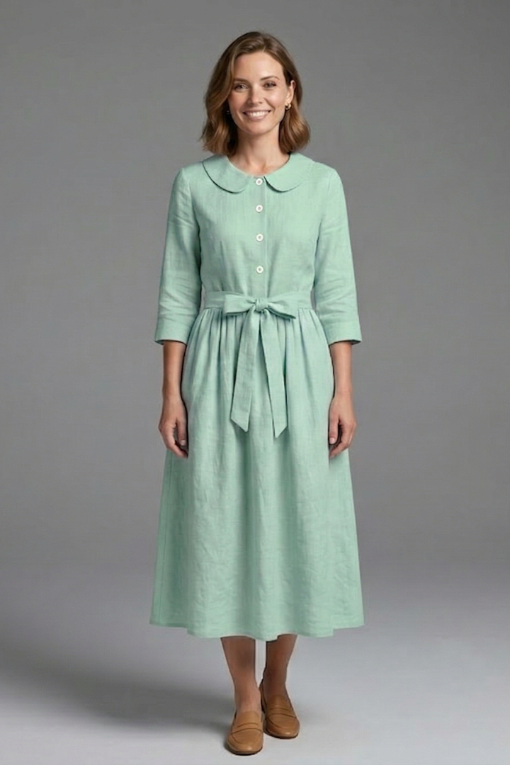 Women’s Midi Dress with V-Neck and Waist Tie