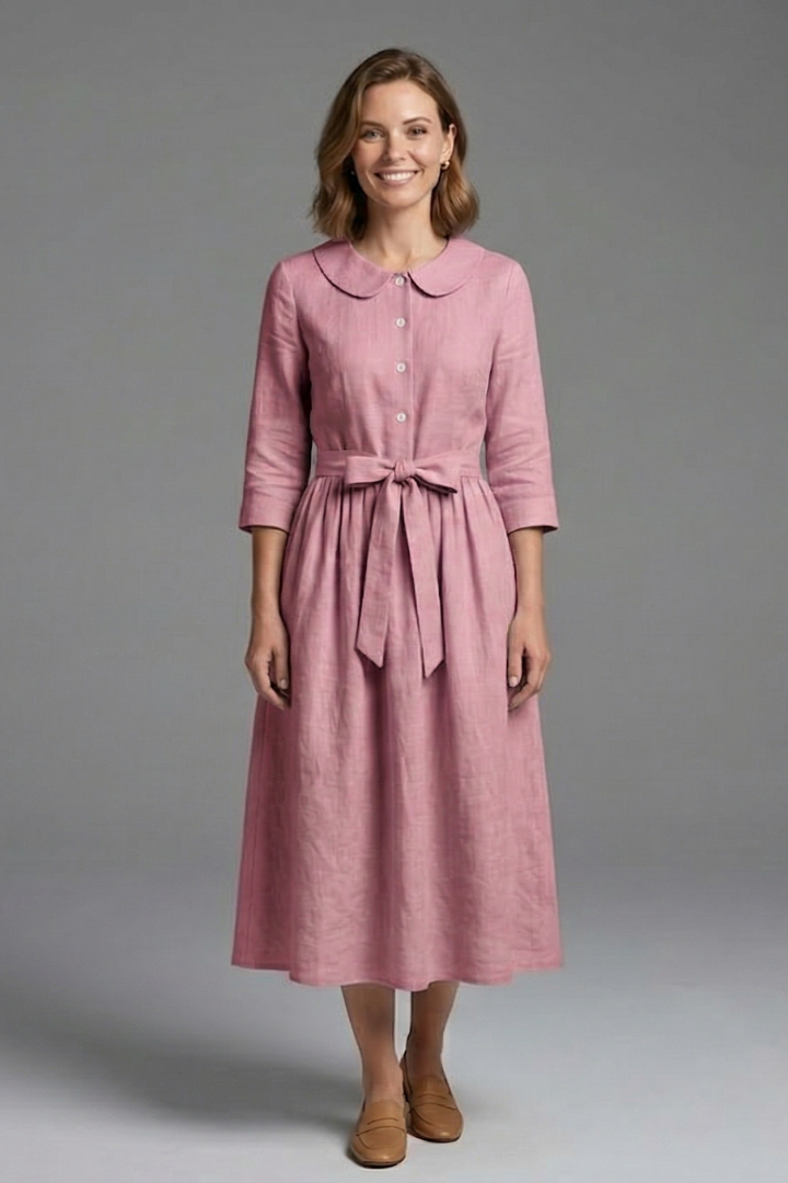 Women’s Midi Dress with V-Neck and Waist Tie