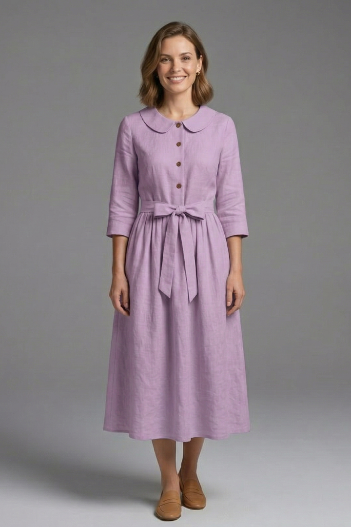 Women’s Midi Dress with V-Neck and Waist Tie