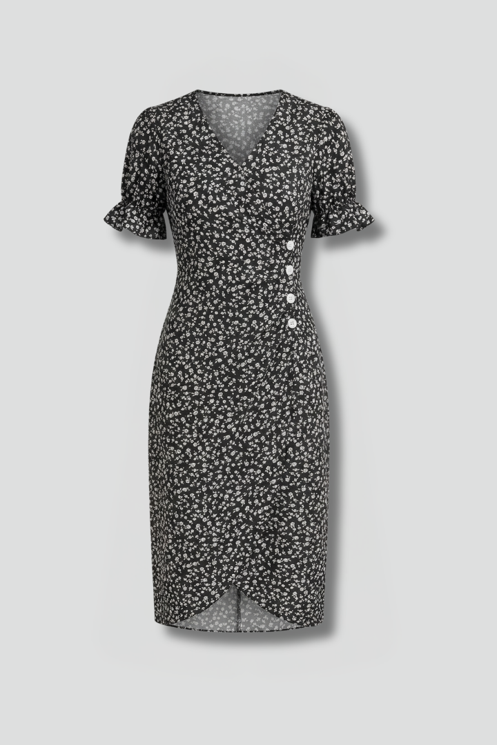 Women’s Midi Dress with V Neck and Printed Surface