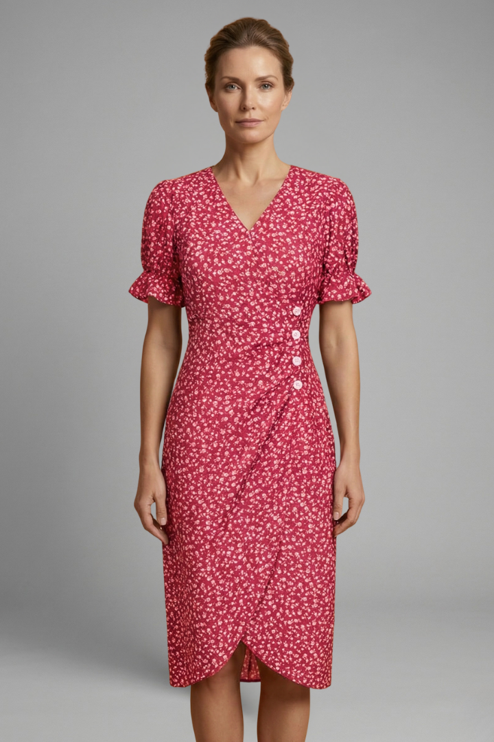 Women’s Midi Dress with V Neck and Printed Surface