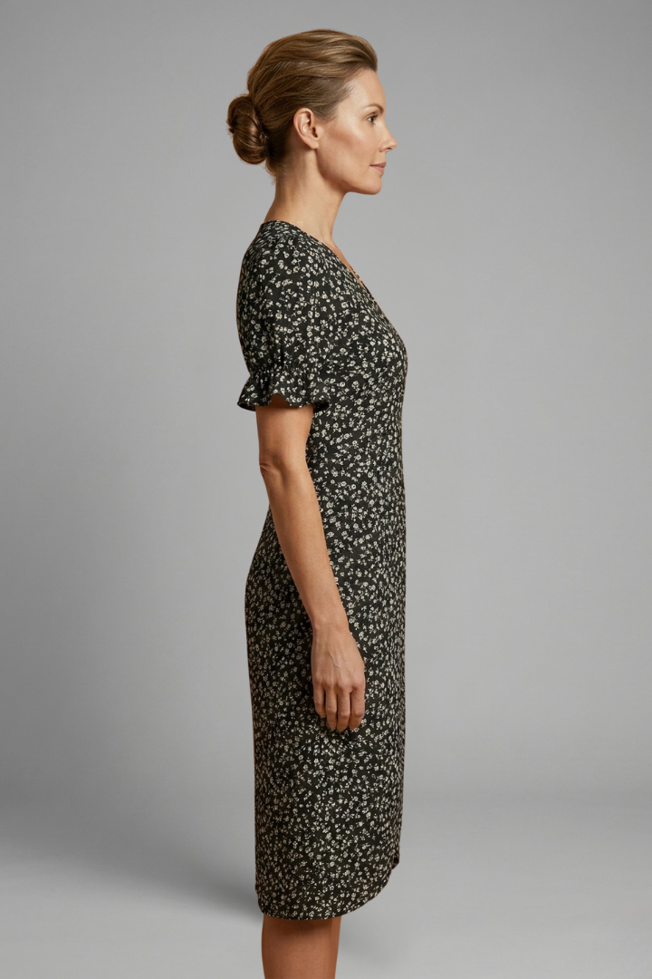 Women’s Midi Dress with V Neck and Printed Surface