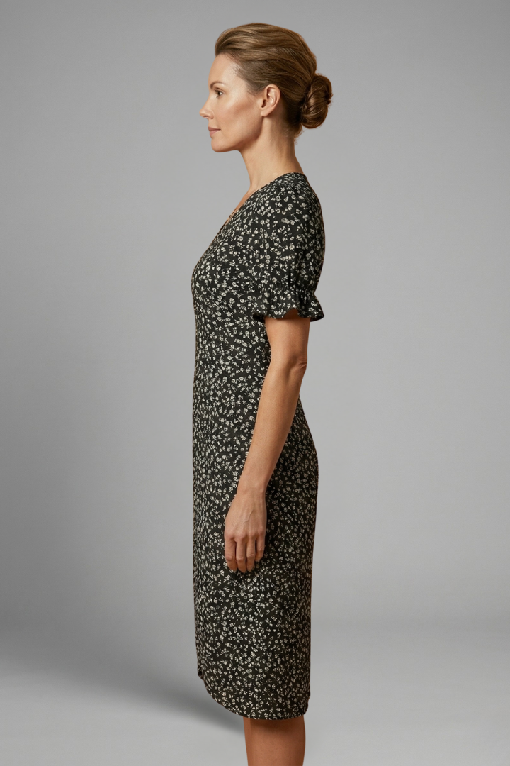 Women’s Midi Dress with V Neck and Printed Surface