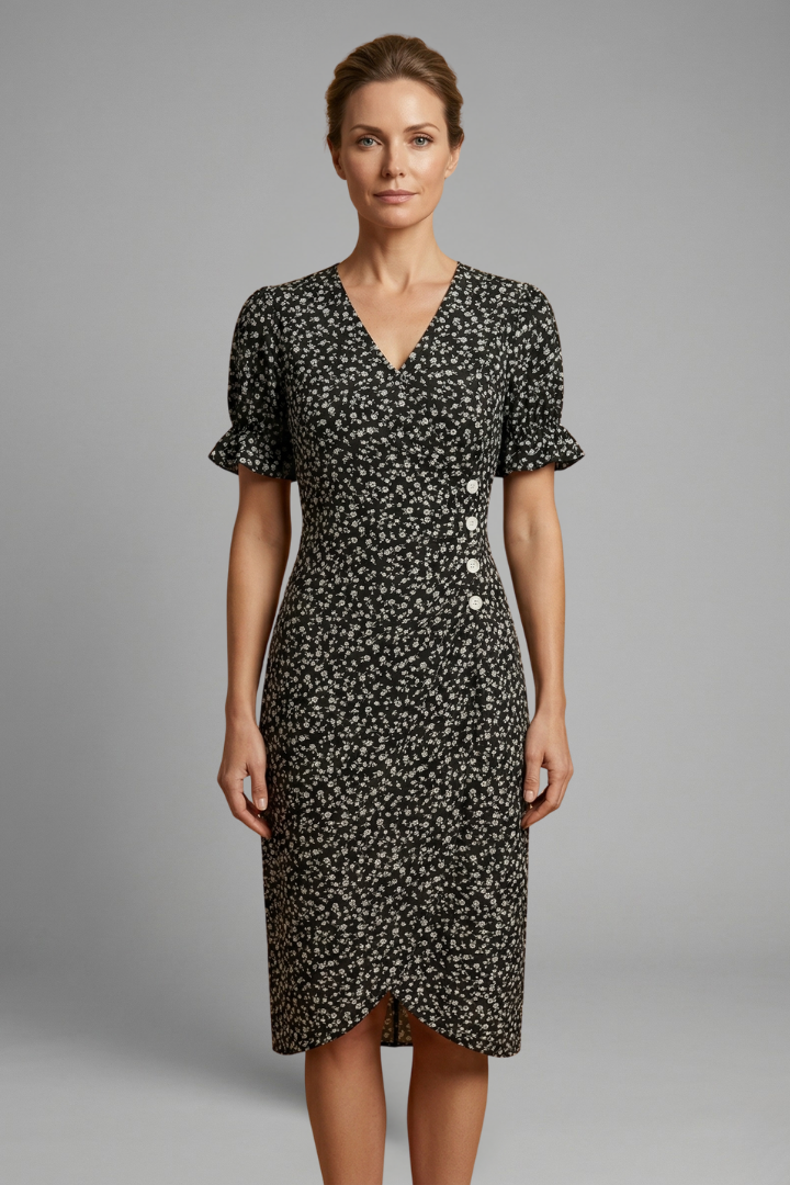 Women’s Midi Dress with V Neck and Printed Surface