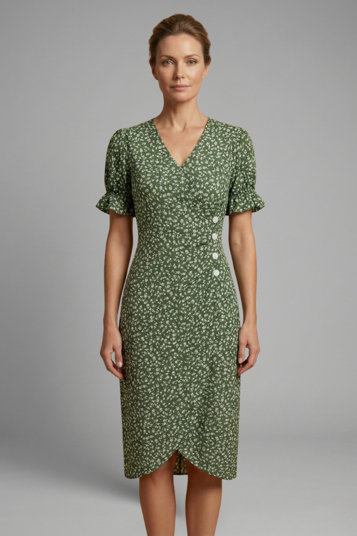 Women’s Midi Dress with V Neck and Printed Surface