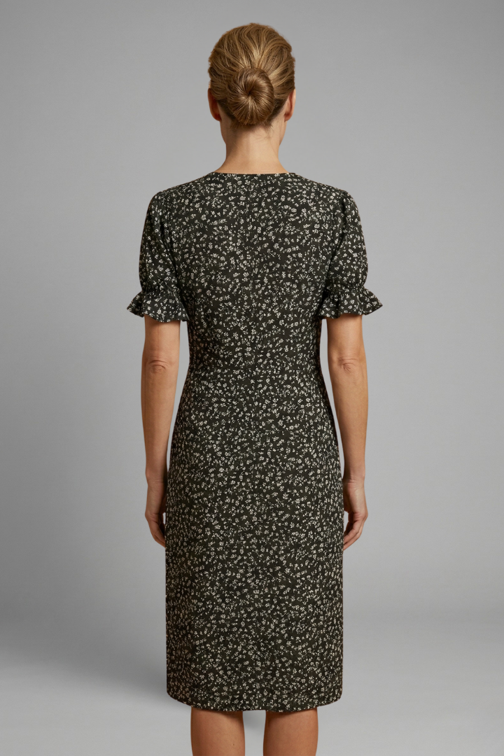 Women’s Midi Dress with V Neck and Printed Surface