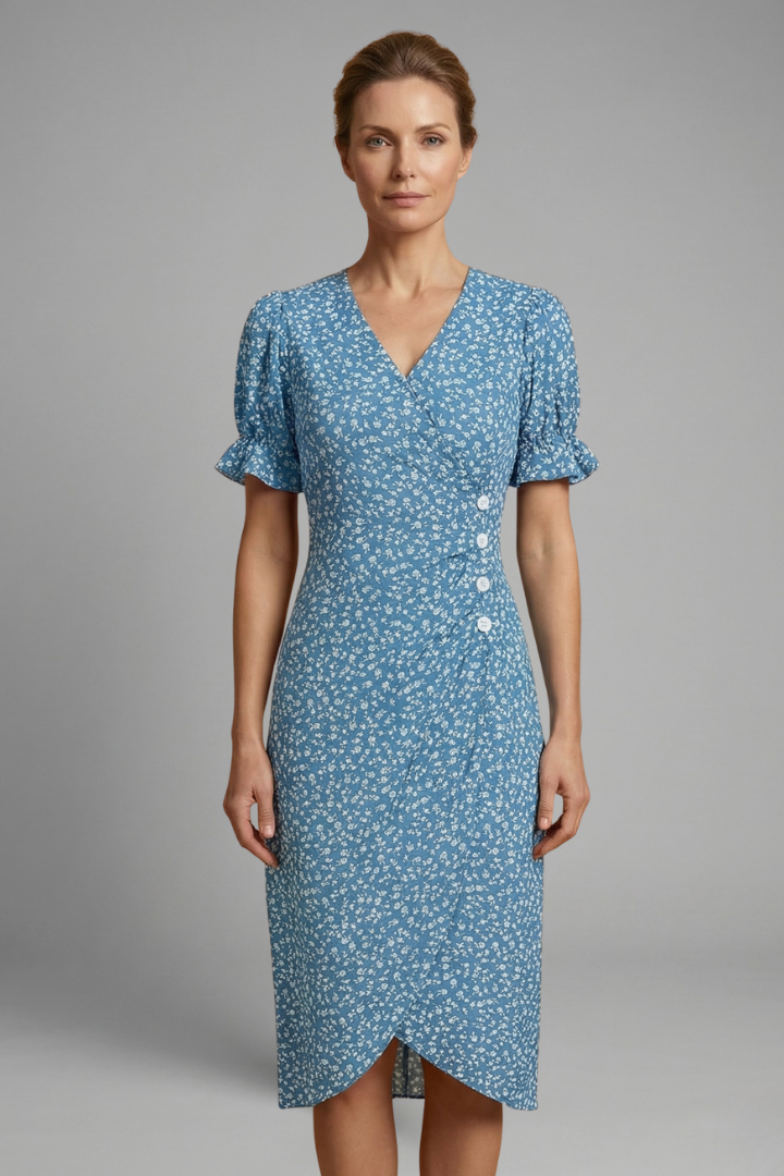 Women’s Midi Dress with V Neck and Printed Surface