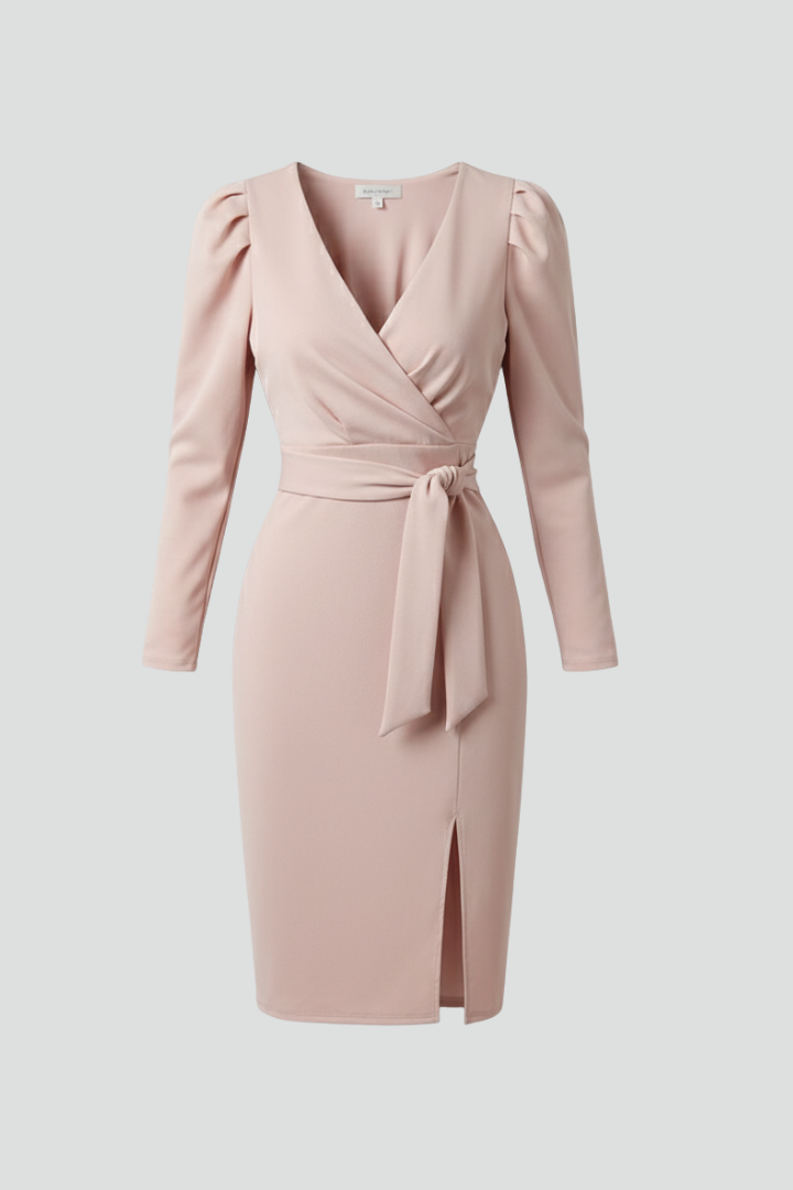 Women’s Midi Dress with V Neck and Waist Tie