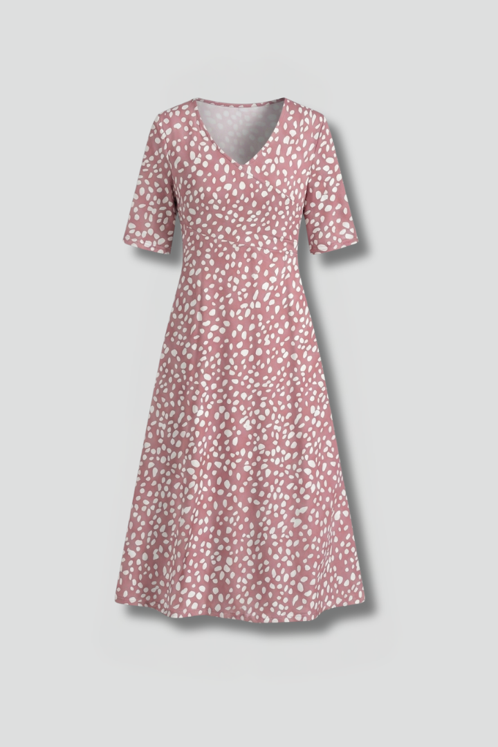 Women’s Midi Dress with V Neckline and Printed Surface
