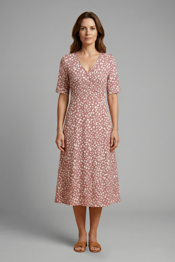 Women’s Midi Dress with V Neckline and Printed Surface