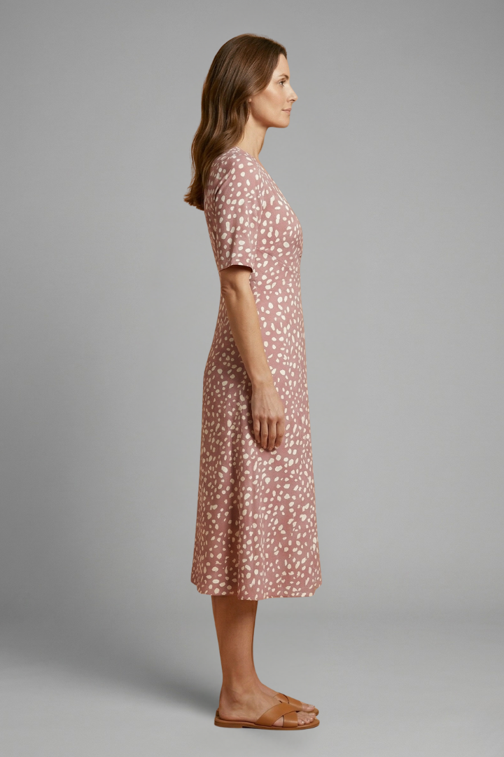 Women’s Midi Dress with V Neckline and Printed Surface
