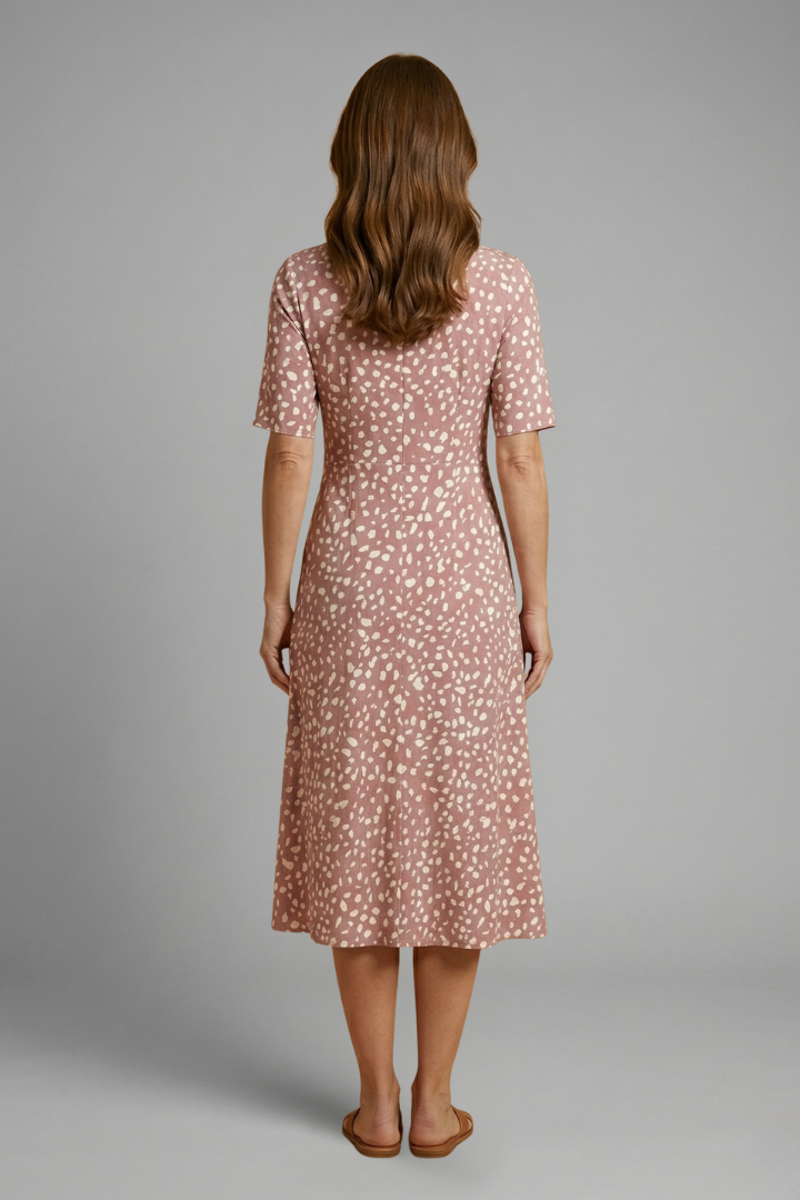 Women’s Midi Dress with V Neckline and Printed Surface