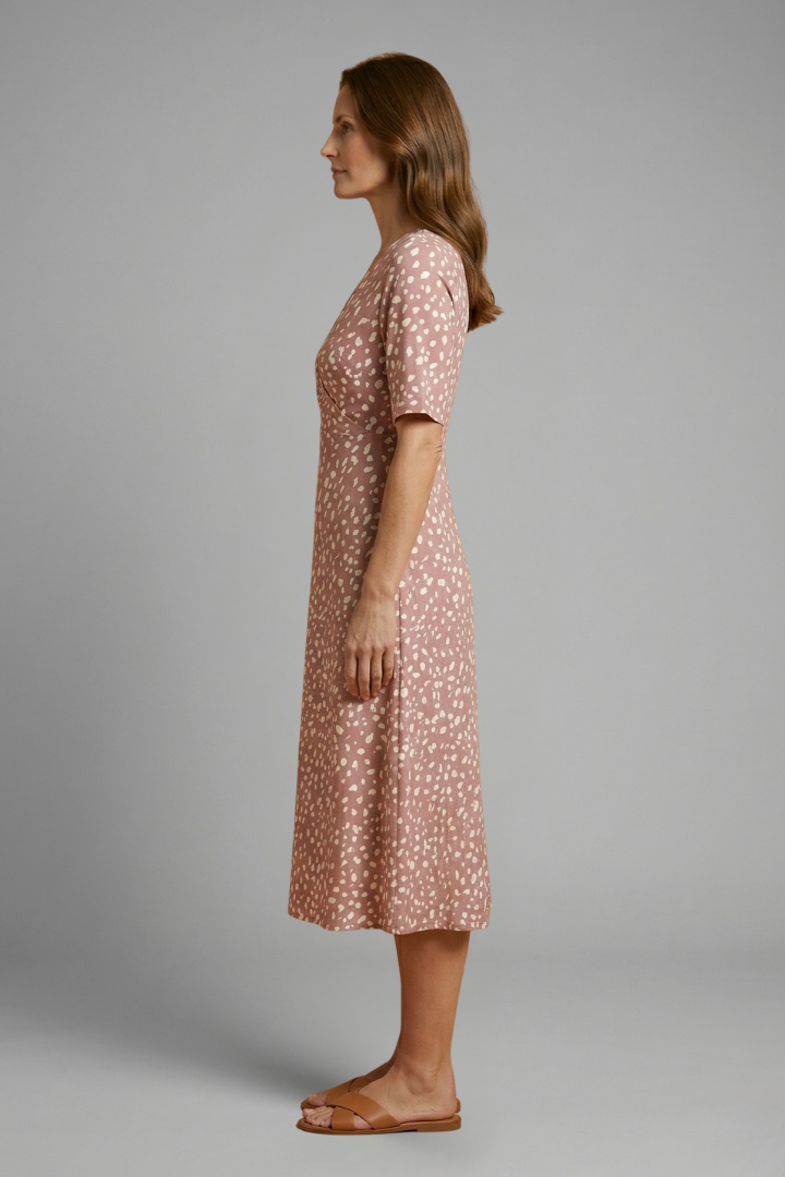 Women’s Midi Dress with V Neckline and Printed Surface