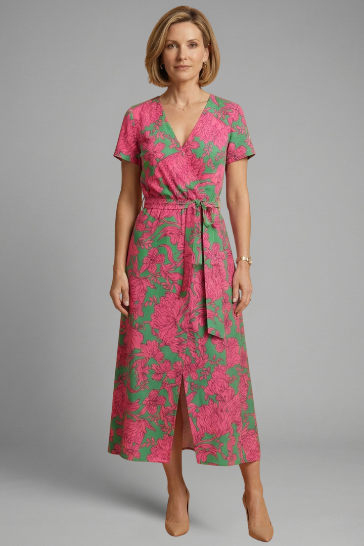 Women’s Midi Dress with Wrap Front and Tie Waist
