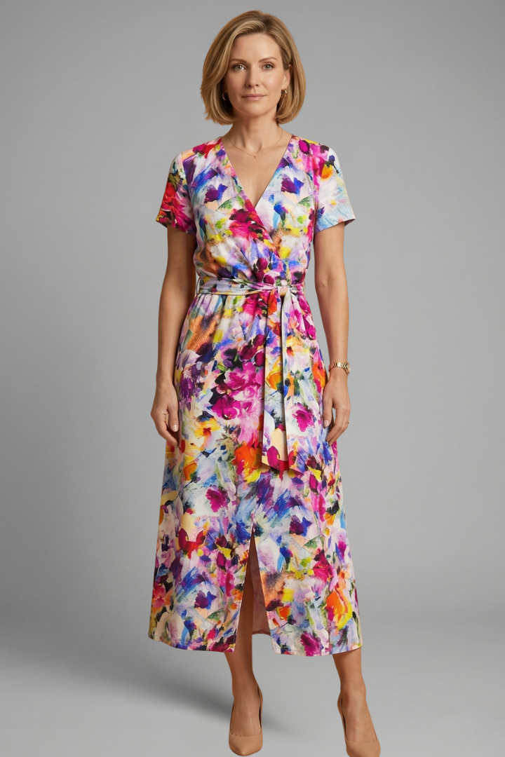 Women’s Midi Dress with Wrap Front and Tie Waist
