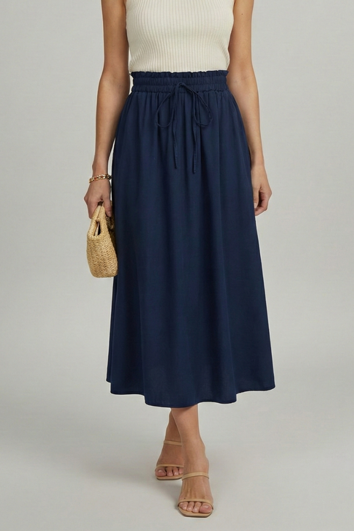 Women’s Midi Skirt with Elastic Waist and Drawstring