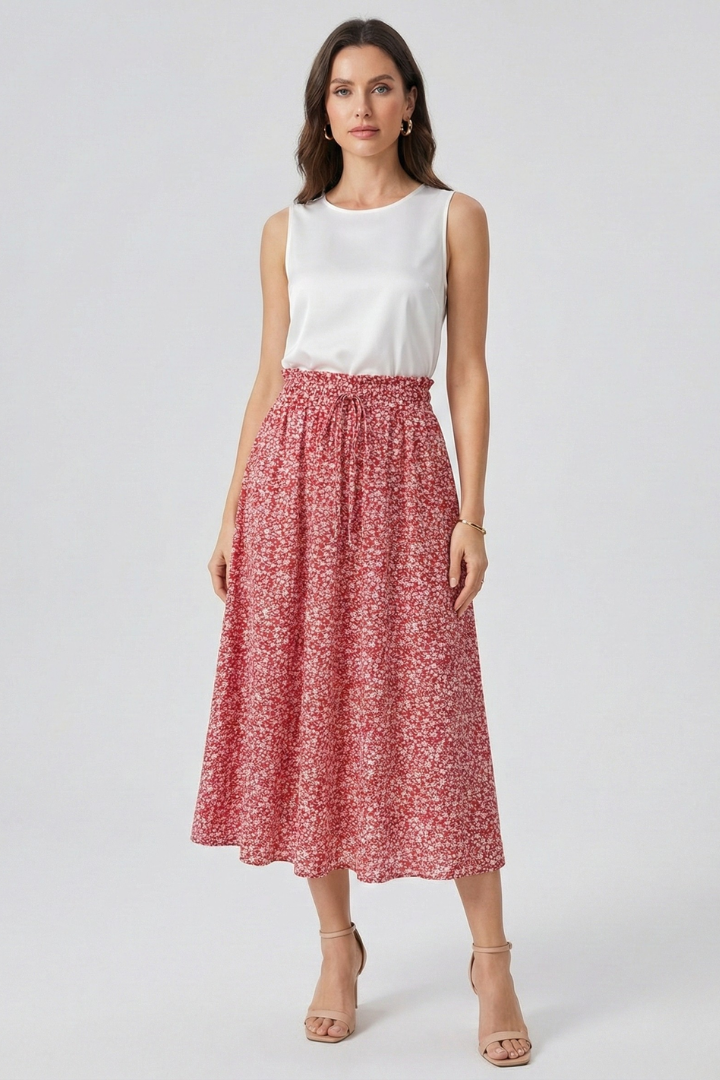 Women’s Midi Skirt with Elastic Waist and Drawstring