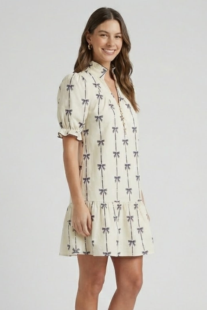 Women’s Mini Dress with Bow Print and Puff Sleeves