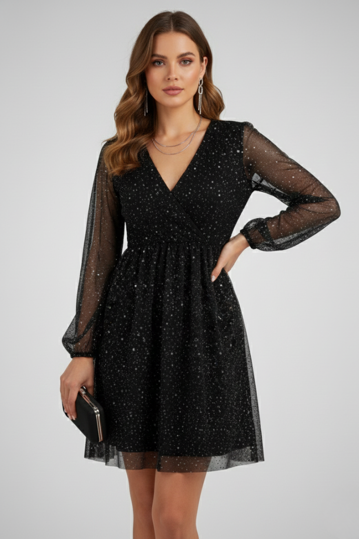 Women’s Mini Dress with Surplice Neck and Balloon Sleeves