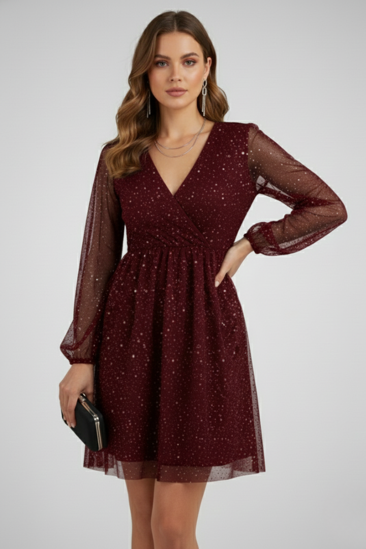 Women’s Mini Dress with Surplice Neck and Balloon Sleeves