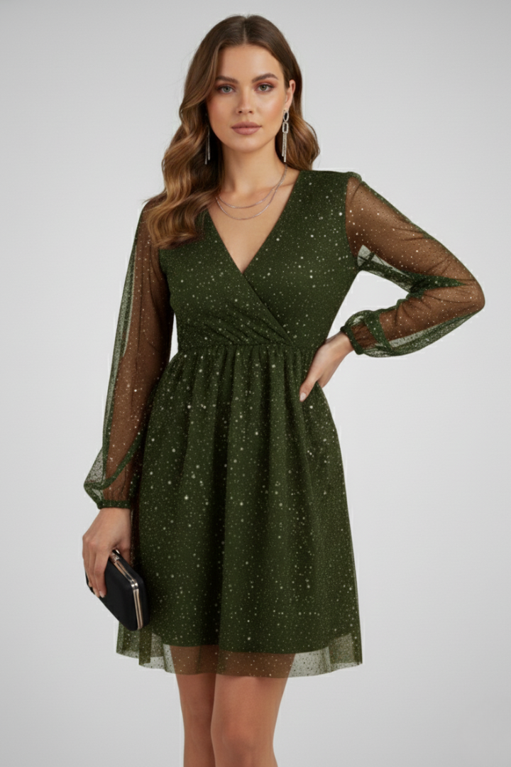 Women’s Mini Dress with Surplice Neck and Balloon Sleeves