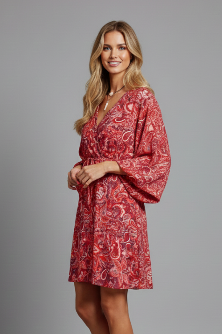 Women’s Mini Dress with V Neckline and Long Sleeves