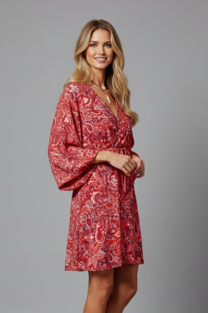 Women’s Mini Dress with V Neckline and Long Sleeves