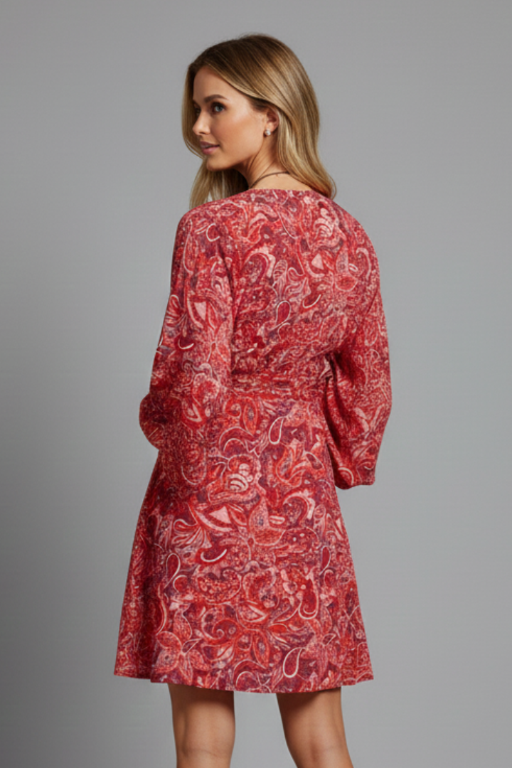 Women’s Mini Dress with V Neckline and Long Sleeves
