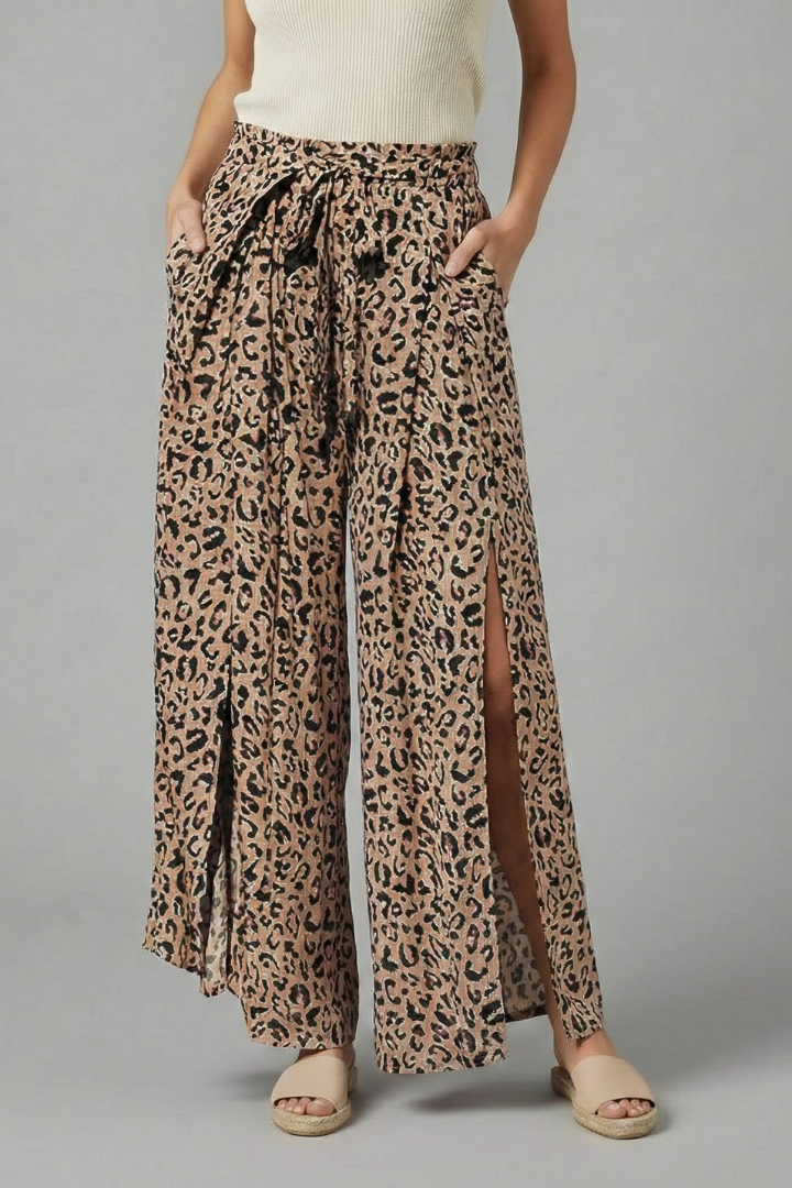 Women’s Palazzo Trousers with Floral Print and Side Slit