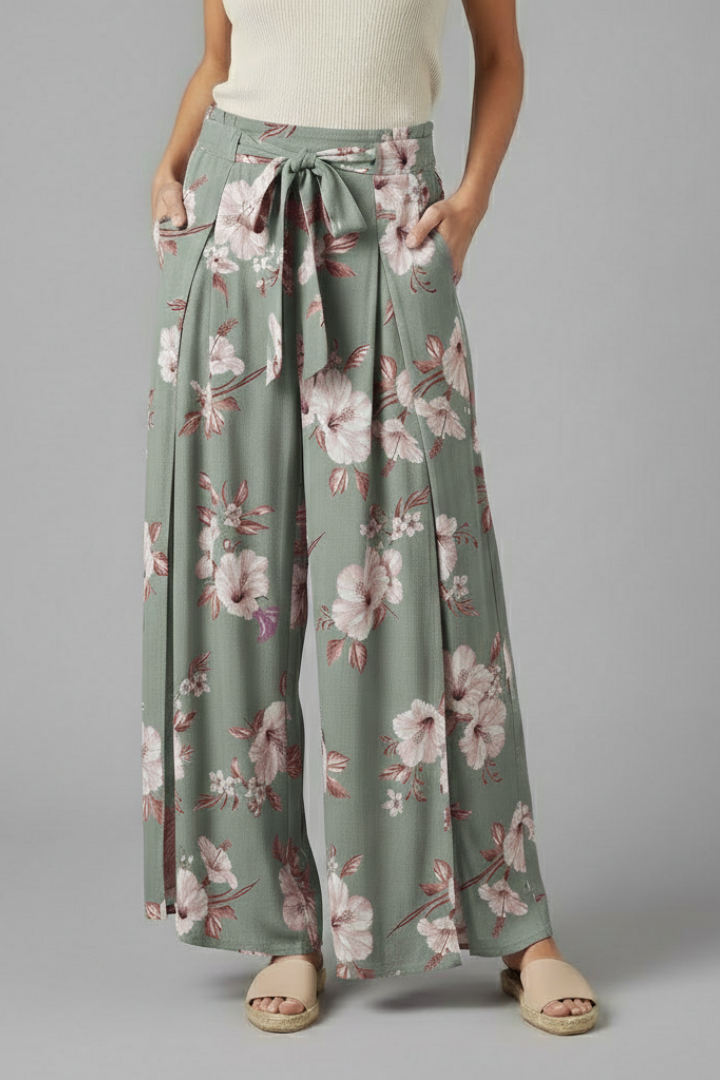 Women’s Palazzo Trousers with Floral Print and Side Slit