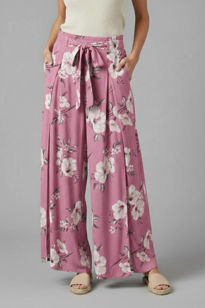 Women’s Palazzo Trousers with Floral Print and Side Slit