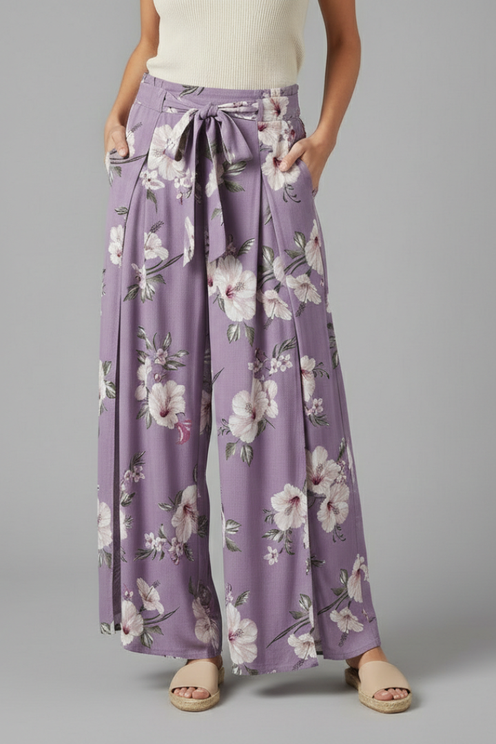 Women’s Palazzo Trousers with Floral Print and Side Slit