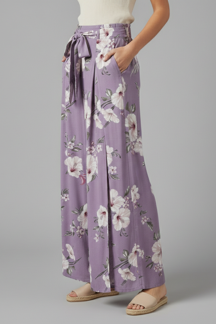 Women’s Palazzo Trousers with Floral Print and Side Slit