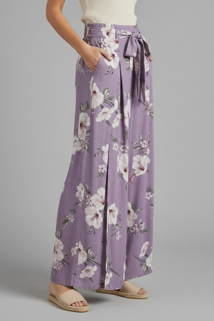Women’s Palazzo Trousers with Floral Print and Side Slit