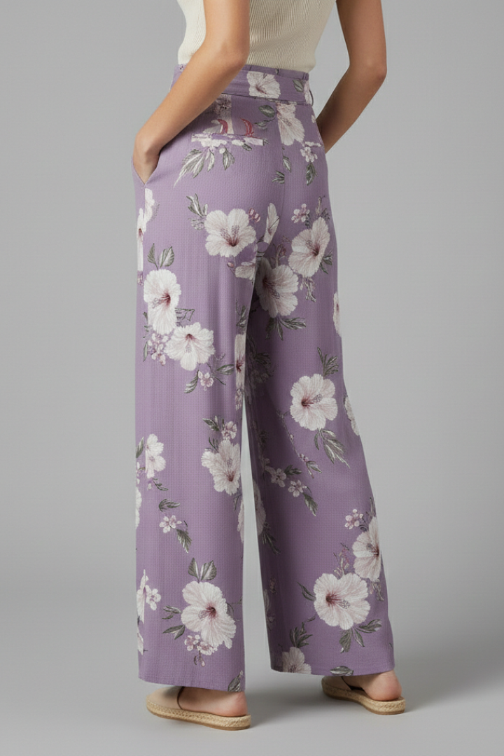 Women’s Palazzo Trousers with Floral Print and Side Slit