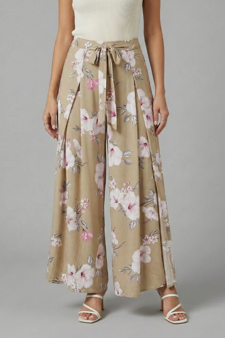 Women’s Palazzo Trousers with Floral Print and Side Slit