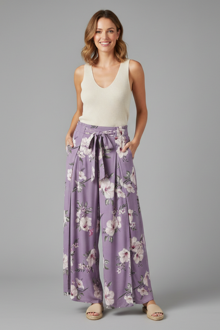 Women’s Palazzo Trousers with Floral Print and Side Slit