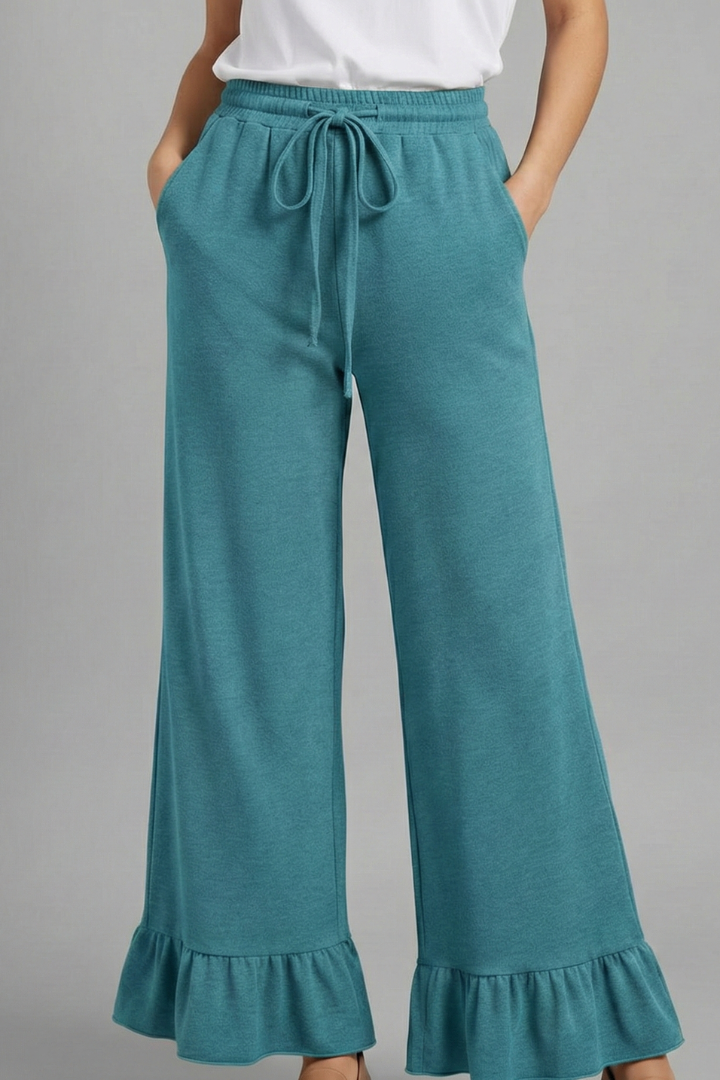 Women’s Palazzo Trousers with Ruffle Hem and Drawstring Waist