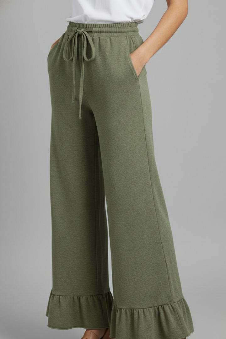 Women’s Palazzo Trousers with Ruffle Hem and Drawstring Waist