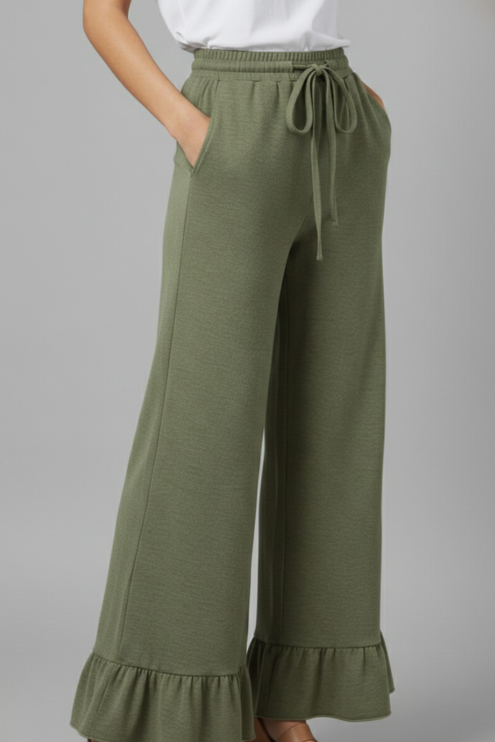 Women’s Palazzo Trousers with Ruffle Hem and Drawstring Waist