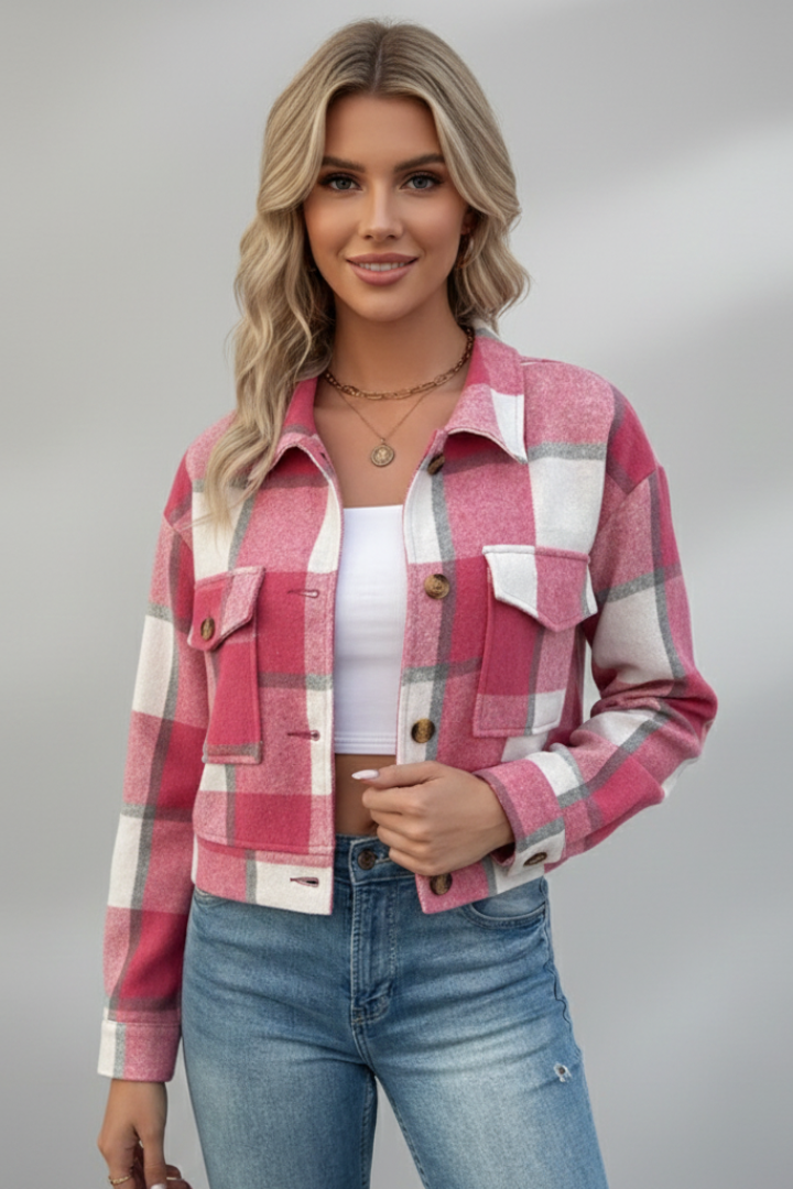 Women’s Plaid Jacket with Buttons and Chest Pockets